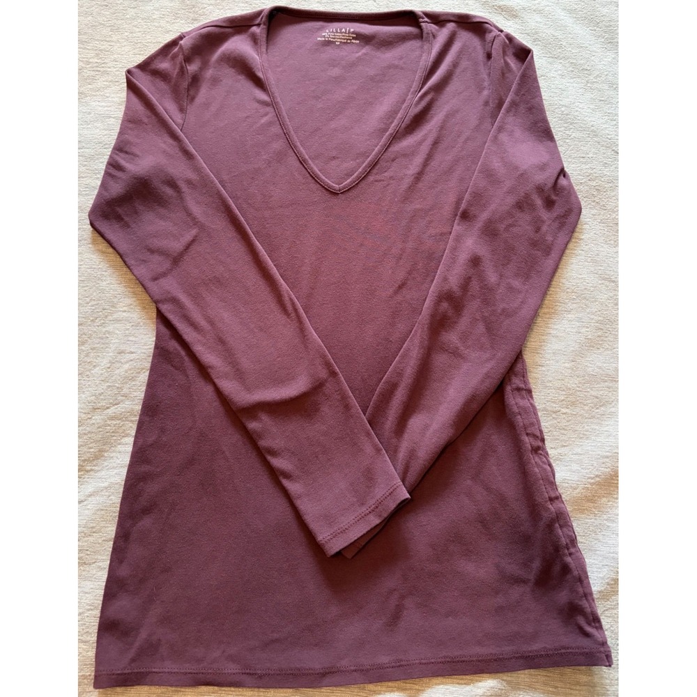 Lilla P Womens Pima Cotton V-Neck Long Sleeve Top Plum Burgundy Size Small
